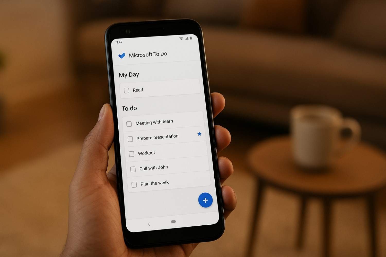 Person holding Android phone with Microsoft To Do app showing daily tasks and reminders.