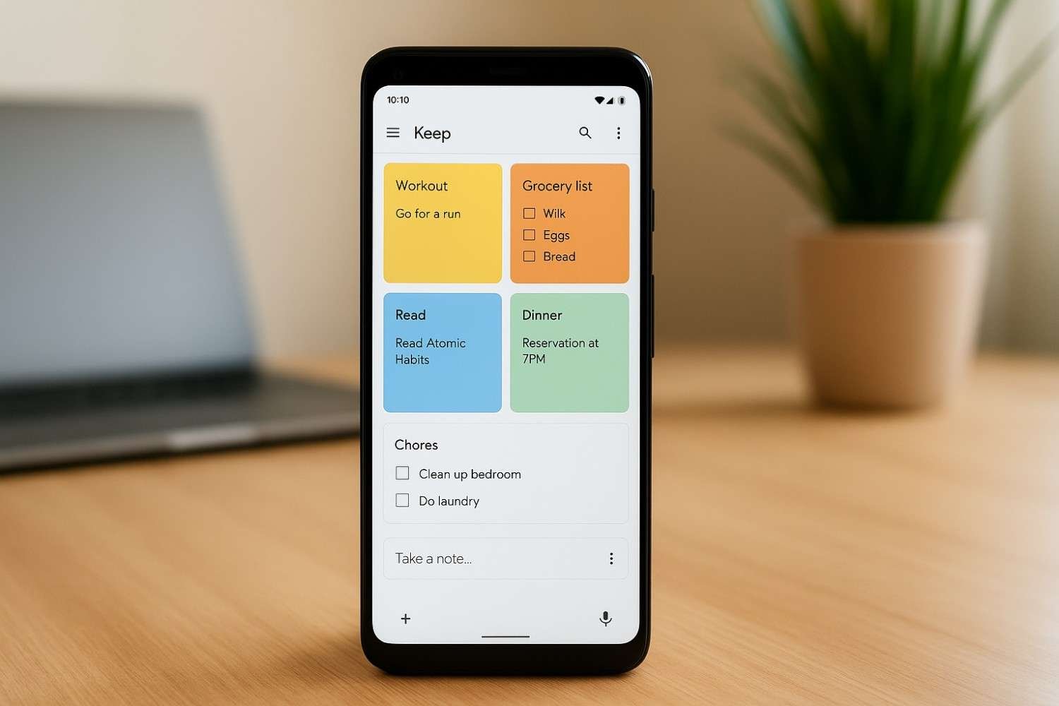 Google Keep app open on an Android smartphone with colorful notes and checklists.